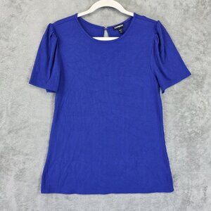 Express Shirt Womens Large Blue Ribbed Short Sleeve Puff Shoulder Stretch Rayon